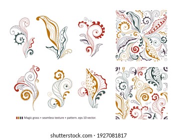 Magic grass + seamless texture + pattern. Abstract composition for your design - banners, posters, placards, brochures, flyers etc. Eps10 vector template set.