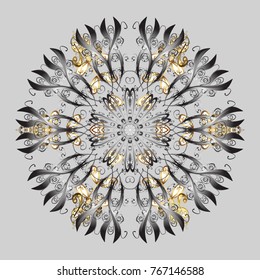 Magic gray and yellow holiday abstract background with star and falling snowflakes. Christmas gray and yellows. Vector illustration.