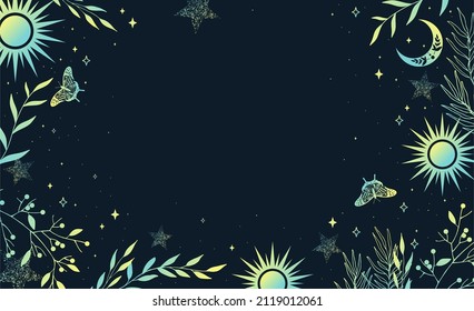 Magic green background with moon and sun, crescent, butterfly and herbs, place for text. Astrological banner with stars, cosmic pattern. Doodle vector illustration