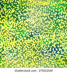 Magic green blurred background with gold bokeh lights snowfall. Perfect template for posters, websites, magazines, brochures, catalogs