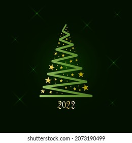 Zaubergrüner Weihnachtsbaum aus Band und goldenen Sternen auf dunkelgrünem Hintergrund mit funkelnden Sternen. Frohe Weihnachten und glückliches neues Jahr 2022. Vektorgrafik.