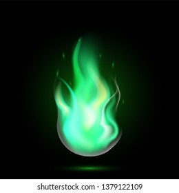 Magic green fireball flame. Realistic fire isolated on black background. Special burning light effect with sparks for design and decoration. Vector Illustration