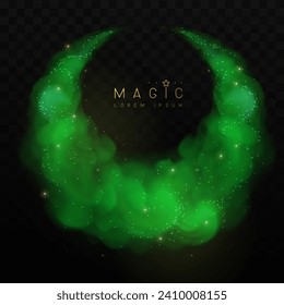 Magic green glittering shiny trail. Flows of realistic green smoke or clouds isolated on black background. Vector illustration