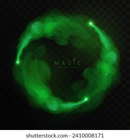 Magic green glittering shiny trail. Flows of realistic green smoke or clouds isolated on black background. Vector illustration