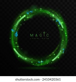Magic green glowing shiny circle or light trail isolated on black transparent background. Vector illustration