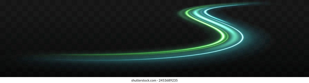Magic green luminous glow design. Neon motion glowing wavy lines. Vector illustration.Neon swirl. Curve blue line light effect. Energy flow tunnel. Vector illustration	
