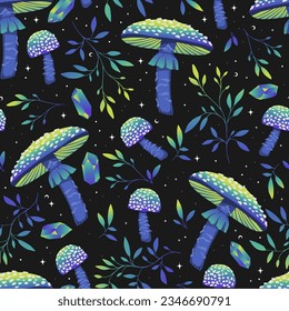 Magic green mushrooms pattern. Crystals and herbs. For wallpaper, printing on fabric, wrapping