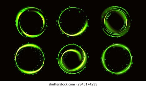 La luz de neón verde mágico iluminan el círculo con hojas. Resumen del anillo espumoso giratorio con bengala. 3.ª traza circular de velocidad de energía brillante. La hoja de té fluye fresco con partículas de polvo de estrellas y desenfoque. Marco ecológico espiral