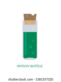 Magic green potion bottle isolated on white background, vector flat illustration.