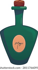 Magic green potion flask vector flat illustration. Cartoon isolated glass bottle with a corkwood plug and elixir. Witch poison game asset, alchemist apothecary vial