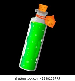 Magic green potion in a glass bottle. Design element, icon for game, vector illustration