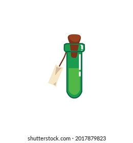 Magic green potion or poison in glass tube, flat vector illustration isolated on white background. Fairy alchemical elixir symbol for Halloween cards and prints.