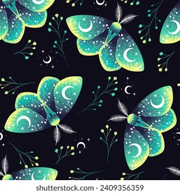 Magic green seamless pattern with moths. Boho magic background with space elements stars. Vector doodle texture.