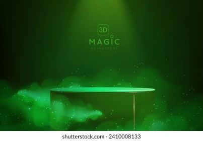 Fondo mágico de exposición verde con podio 3d y niebla verde o vapor. Rumbo brillante. Ilustración del vector