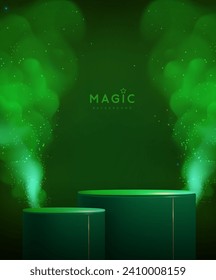 Magic green showcase background with 3d podium and green fog or steam. Glowing shiny trail. Vector illustration