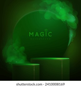 Fondo mágico de exposición verde con podio 3d y niebla verde o vapor. Rumbo brillante. Ilustración del vector