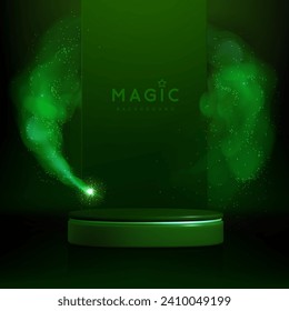 Magic green showcase background with 3d podium and green fog or steam. Glowing shiny trail. Vector illustration