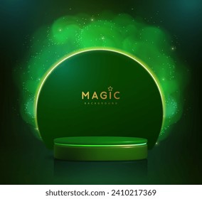 Magic green showcase background with 3d podium and green fog or steam. Glowing shiny trail. Vector illustration