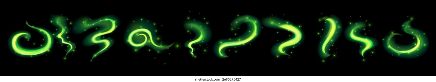 Efeito de luz de espiral verde mágico. Onda mágica do vento verde. Espirro de fluxo de neon Whirlwind. Ilustração do vetor de malha