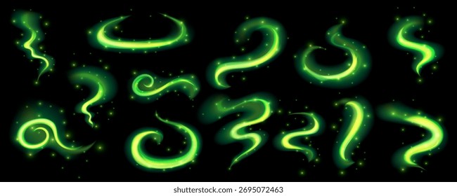 Efecto mágico de luz de remolino verde. El viento verde brilla en la onda mágica. Torbellino de flujo de neón salpicadura. Ilustración vectorial de malla