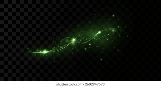 Magic green wind festive isolated on transparent background. green comet with sparkling stars and dust. Powder dust light. Magical shining green dust.