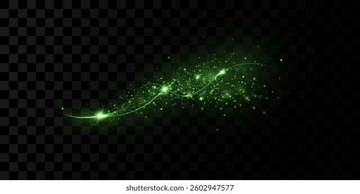 Magic green wind festive isolated on transparent background. green comet with sparkling stars and dust. Powder dust light. Magical shining green dust.