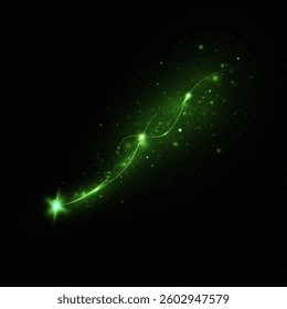 Magic green wind festive isolated on transparent background. green comet with sparkling stars and dust. Powder dust light. Magical shining green dust.