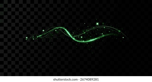 Magic green wind festive isolated on transparent background. green comet with sparkling stars and dust. Powder dust light. Magical shining green dust.