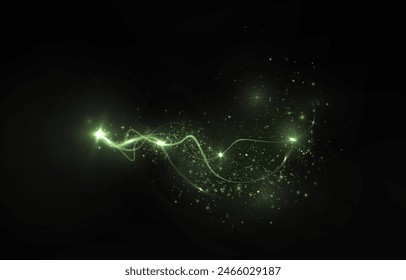 Magic green wind png festive isolated on transparent background. Green comet png with sparkling stars and dust. Powder dust light PNG. Magic shining green dust. Fine, shiny dust bokeh particles.

