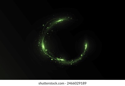 Magic green wind png festive isolated on transparent background. Green comet png with sparkling stars and dust. Powder dust light PNG. Magic shining green dust. Fine, shiny dust bokeh particles.

