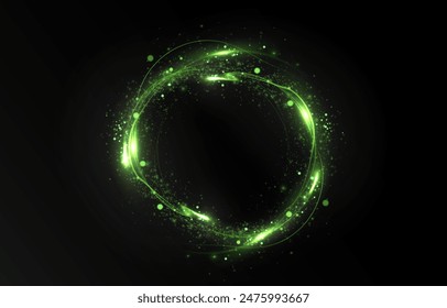 Magic green wind png festive isolated on transparent background. Green comet png with sparkling stars and dust. Powder dust light PNG. Magic shining green