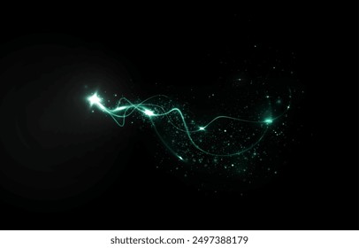 Magic green wind png festive isolated on transparent background. Green comet png with sparkling stars and dust. Powder dust light PNG. Magic shining green