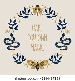 Tarjeta mágica de saludo con insecto, mariposa, hojas, estrella en fondo blanco. Perfecto para la decoración estacional y celestial. Marco dibujado a mano, corona.