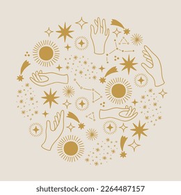 Magic greeting card with hands, stars, sun, comet, constellation on white background. Circle ornament. Perfect for seasonal celestial decorations. Vector illustration