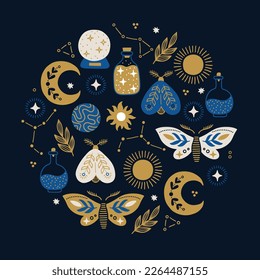 Magic greeting card with moon, moth, sun, constellation, potion, leaves, stars on dark background. Circle ornament. Perfect for seasonal celestial decorations. Vector illustration