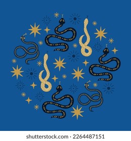 Magic greeting card with snakes and stars on blue background. Circle ornament. Perfect for seasonal celestial decorations. Vector illustration