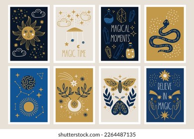 Magic greeting cards with sun, snake, cloud, moon, butterfly, moth, star, comet, constellation, crystal, potion, leaves in Gold, Blue, White. Perfect for celestial decoration. Vector illustration
