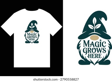 Magic Grows Here Typography Vector Design with Whimsical Gardening Gnome Silhouette Wearing Plant Leaf Hat and Gold Nose
