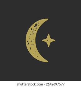 Magic half moon with star golden hand drawn icon grunge texture effect vector illustration. Esoteric minimalist spiritual sky symbol abstract emblem for meditation mystery and mindfulness isolated
