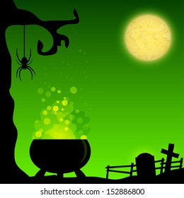 Magic Halloween background with witch cauldron