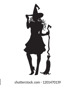 Magic Halloween Carnival Magical Witch woman with broomstick, magic person witchcraft isolated on white background, Halloween character silhouette sorceress, enchantress, charmer, hellcat, enchantress