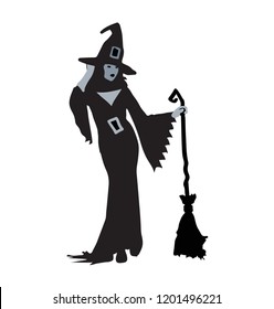 Magic Halloween Carnival Magical Witch woman with broomstick, magic person witchcraft isolated on white background, Halloween character silhouette sorceress, enchantress, charmer, hellcat, enchantress