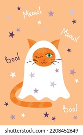 Magic halloween cat in a ghost costume. Greeting card with lettering boo and meow.