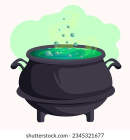 Magic halloween cauldron with green potion with boiling magic broth. Vector illustration EPS10.