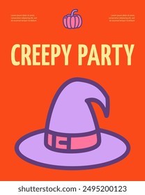 Magic Halloween Creepy Party Invitation Placard Poster Banner Card Template and Wizards Hat with Belt. Vector illustration