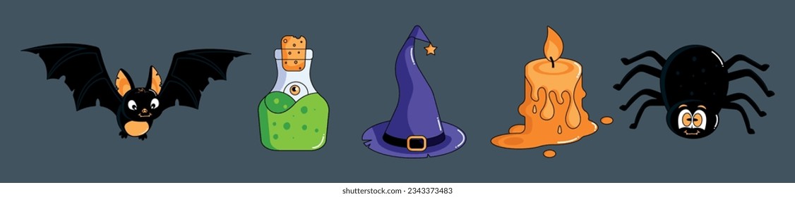 Magic Halloween elements. Cartoon mouse, sorcerers potion, magic candle, spider, sorcerer or witches hat. Modern vector illustration on isolated background.