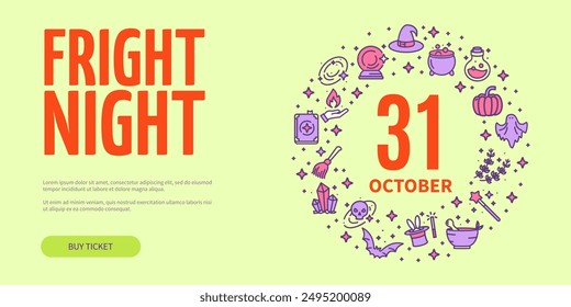 Magic Halloween Fright Night Party Invitation Horizontal Placard Poster Banner Card Template. Vector illustration of Buy Ticket