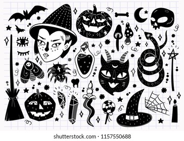 Magic Halloween objects. Hand drawn vector set. All elements are isolated