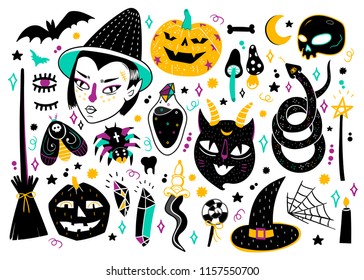 Magic Halloween objects. Hand drawn colored vector set. All elements are isolated