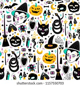 Magic Halloween objects. Hand drawn colored vector seamless pattern